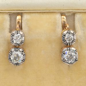 3ct Old Mine Cut Diamond Twin Solitaire Drop Earrings