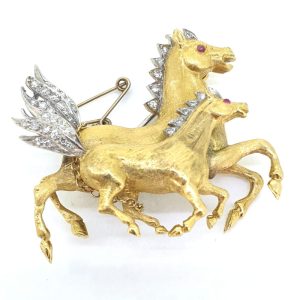 Vintage Diamond Set Horse and Foal Gold Brooch
