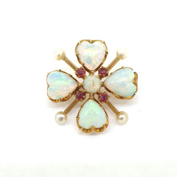 Victorian Antique Heart Cabochon Opal Pearl and Ruby Brooch in four leaf clover / quatrefoil design