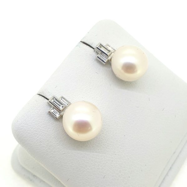 Freshwater Pearl and Baguette Diamond Earrings