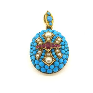 Victorian Antique Turquoise Pearl and Ruby Locket Pendant