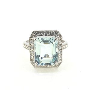 3.70ct Emerald Cut Aquamarine and Diamond Cluster Ring