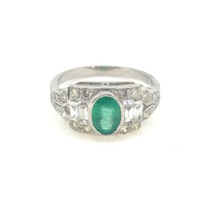 Emerald and Diamond Cluster Dress Ring in Platinum, 0.75 carats