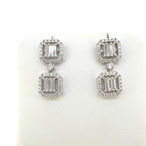 1.60ct Baguette and Brilliant Diamond Double Cluster Drop Earrings