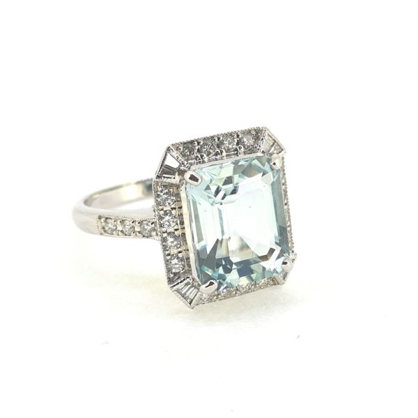 3.70ct Emerald Cut Aquamarine and Diamond Cluster Ring