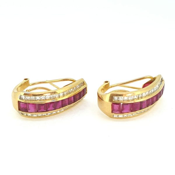 Vintage Square Princess Cut Ruby and Asscher Cut Diamond Creole Half Hoop Earrings, 3 carats, 18ct yellow gold