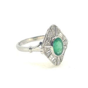 Emerald and Diamond Cluster Plaque Ring in Platinum, 0.90ct oval emerald set within 0.30ct diamond-set navette-shaped surround in platinum