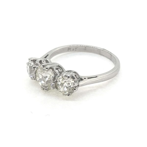 Antique Old Cut Diamond Trilogy Engagement Ring in Platinum, 1.95 carat total