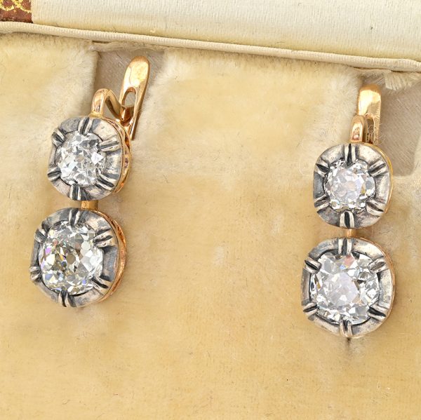 3ct Old Mine Cut Diamond Twin Solitaire Drop Earrings