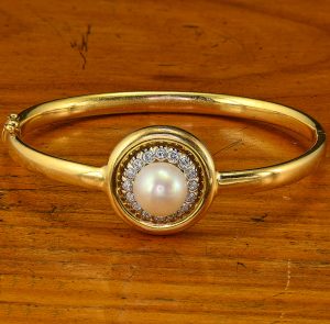 Late Art Deco Pearl and Diamond Cluster Gold Bangle Bracelet