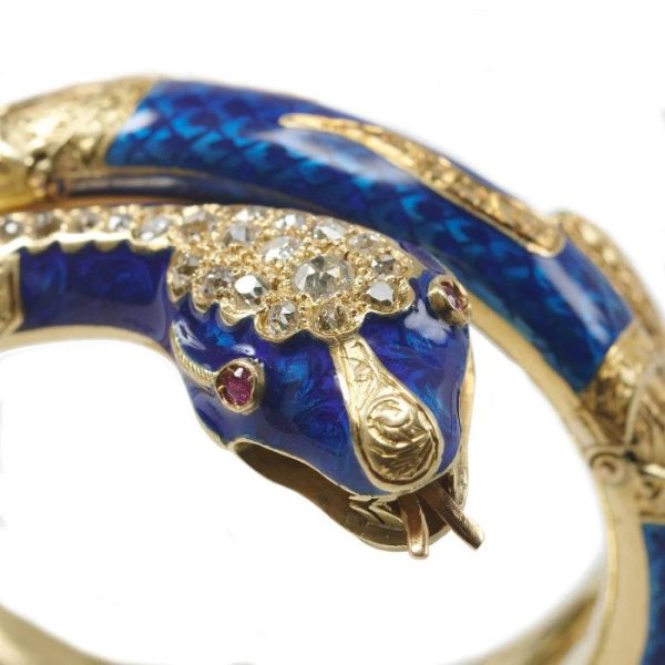Victorian Antique Blue Enamel Diamond Gold Snake Bangle Bracelet