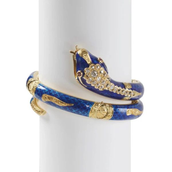 Victorian Antique Blue Enamel Diamond Gold Snake Bangle Bracelet