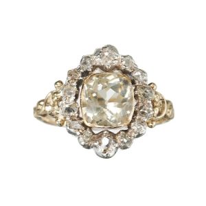 Antique French Cushion Cut Citrine and Old Cut Diamond Cluster Ring dating from the Louis Philippe I period crafted in the Georgian style