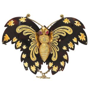 Antique Georgian Gold Filigree Pique and Ruby Butterfly Brooch