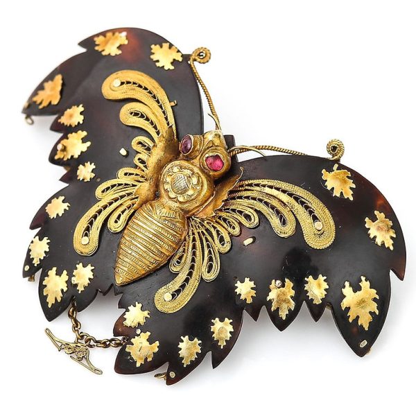 Antique Georgian Gold Filigree Tortoiseshell Pique and Ruby Butterfly Brooch