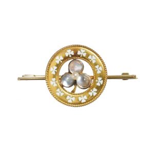 Antique Moonstone Natural Pearl Enamel Gold Clover Brooch