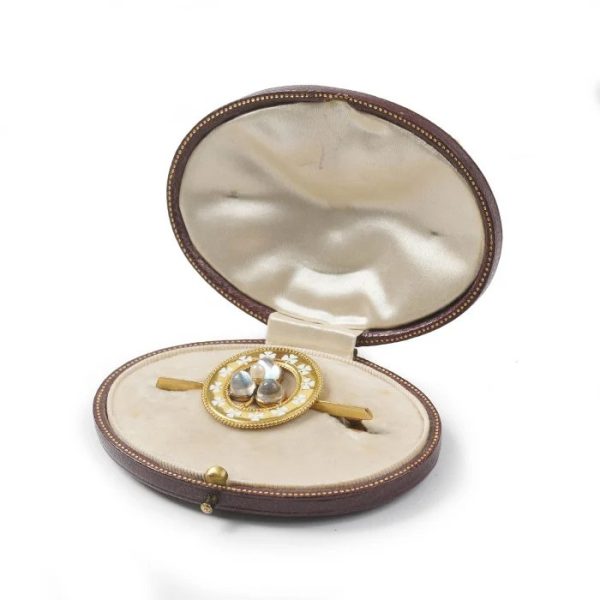 Antique Moonstone Natural Pearl Enamel Gold Clover Brooch in antique fitted case box