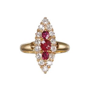 Antique Victorian Ruby and Diamond Navette Cluster Ring