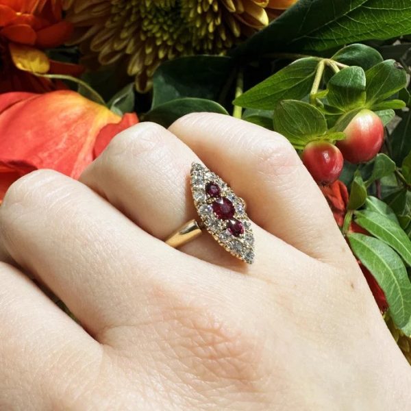 Antique Victorian Ruby and Diamond Navette Cluster Ring