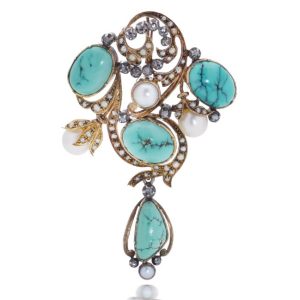Antique Turquoise Pearl and Diamond Pendant Brooch