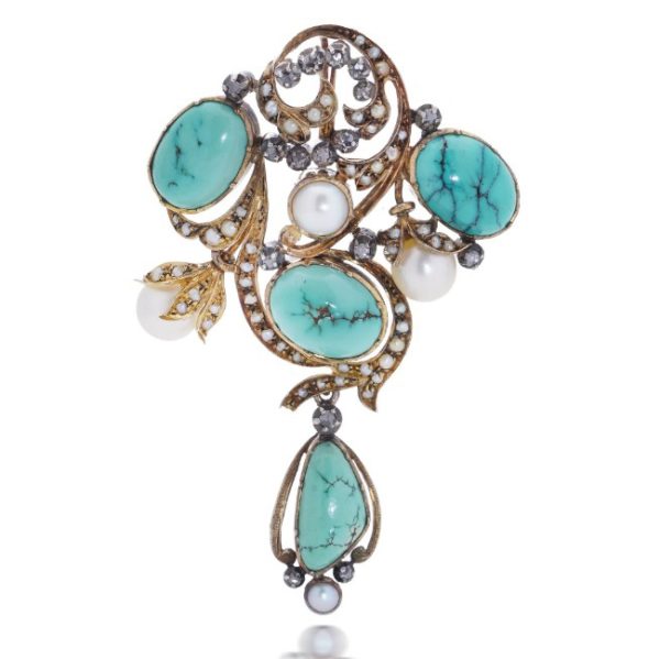Antique Portuguese Turquoise Pearl and Diamond Pendant Brooch