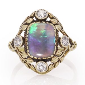 Arts and Crafts Opal Diamond Gold Dress Ring