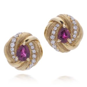 Pear Cut Burma Ruby Diamond Gold Earrings
