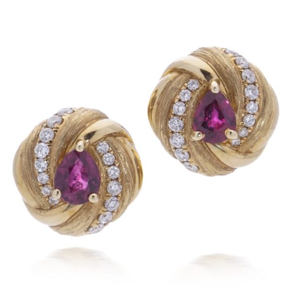 0.80ct Pear Cut Burma Ruby Diamond Gold Earrings