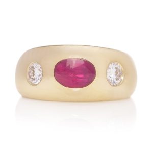 Vintage Bvlgari 1.29ct Burma Ruby and Old European Cut Diamond Three Stone Gypsy Ring in 18ct Yellow Gold