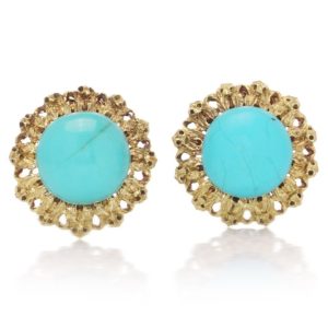 Vintage Mario Buccellati Turquoise and Gold Flower Cluster Clip On Earrings