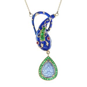 Blue Enamel Snake Necklace with Carved Tanzanite and Emerald Cluster Pendant