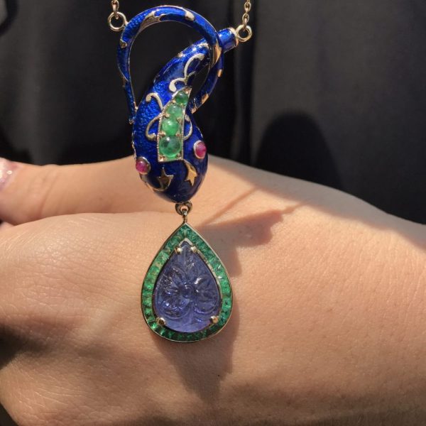 Blue Enamel Snake Pendant Necklace with Carved Tanzanite and Emerald Cluster Pendant