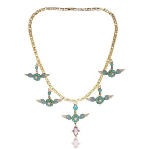 Victorian Gold Enamel Necklace Diamond Turquoise Tourmaline