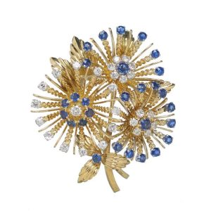 Vintage 1960s Sapphire Diamond And Gold Floral Spray Brooch