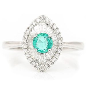 Emerald and Diamond Navette Cluster Engagement Ring