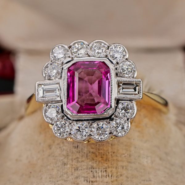 Art Deco Certified 1.40ct Natural No Heat Madagascan Pink Sapphire and Diamond Cluster Engagement Ring