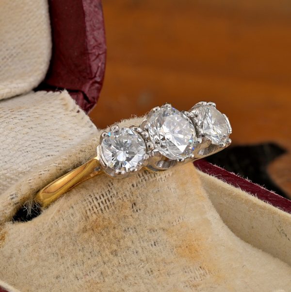 Art Deco Diamond Three Stone Engagement Ring, 1.30 carat total