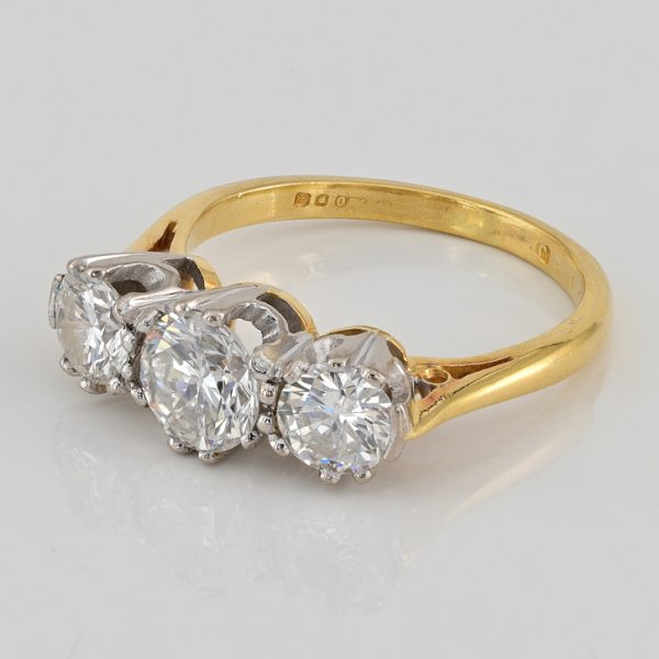 Art Deco Diamond Three Stone Engagement Ring, 1.30 carats