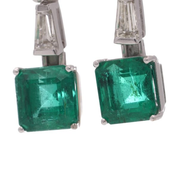 Stunning Vintage 4ct Square Cut Natural Colombian Emerald and Diamond Drop Earrings