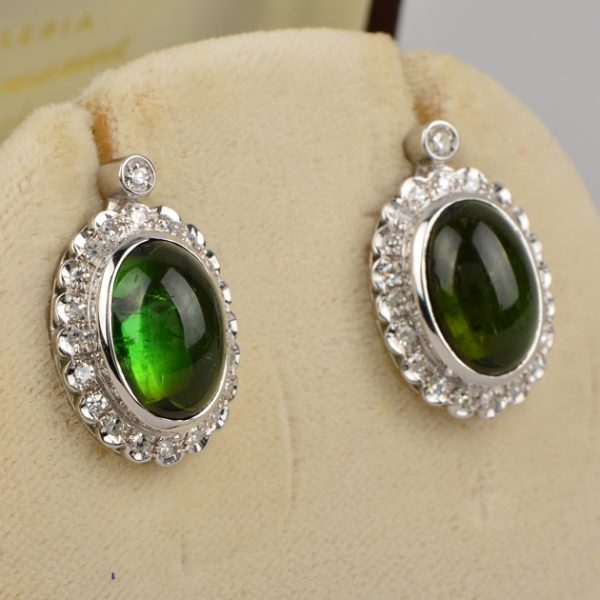 Vintage 13ct Oval Cabochon Green Tourmaline and Diamond Cluster Drop Earrings in 18ct White Gold
