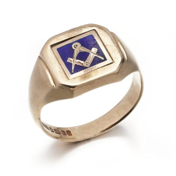 Vintage Masonic 9ct Yellow Gold Swivel Signet Ring, blue enamel freemason emblem of compass and ruler to the front swivel and engraved letter N to reverse, Circa 1977