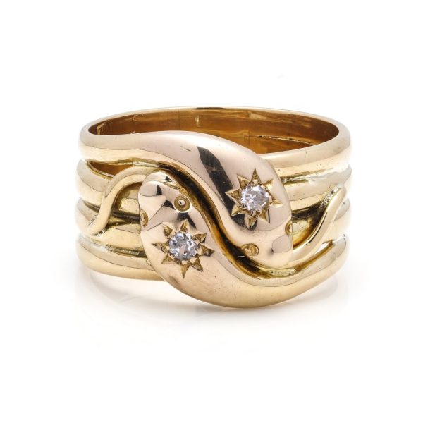 Vintage Double Head Coiled Snake Ring with Diamonds