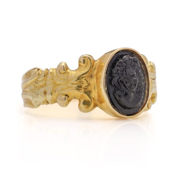 Antique Carved Obsidian Intaglio and Decorative 18ct Yellow Gold Ring