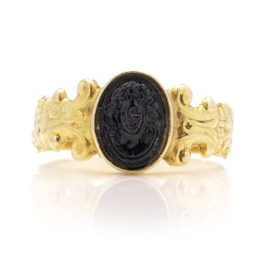 Antique Carved Obsidian Intaglio and Decorative 18ct Yellow Gold Ring