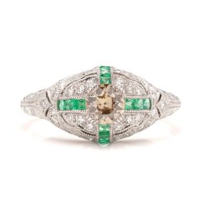 Fancy Champagne Old European Cut Diamond and Emerald Cluster Ring in Platinum