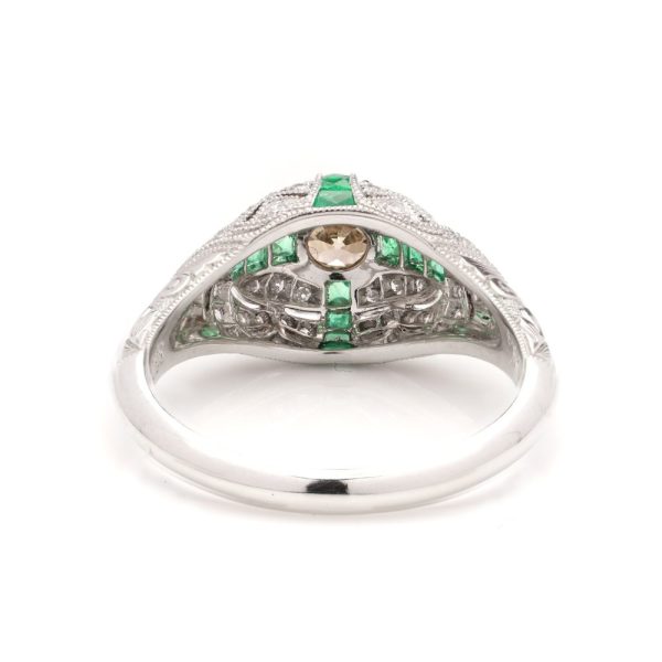 Fancy Champagne Old European Cut Diamond and Emerald Cluster Ring in Platinum