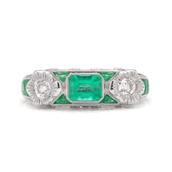 Emerald and Diamond Set Platinum Band Ring