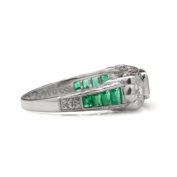 Emerald and Diamond Set Platinum Band Ring