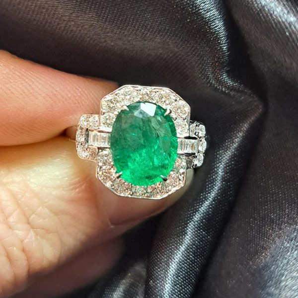 2.60ct Oval Emerald and Diamond Cluster Engagement Ring in 18ct White Gold