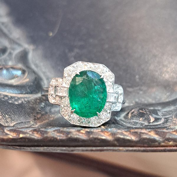 2.60ct Oval Emerald and Diamond Cluster Engagement Ring in 18ct White Gold